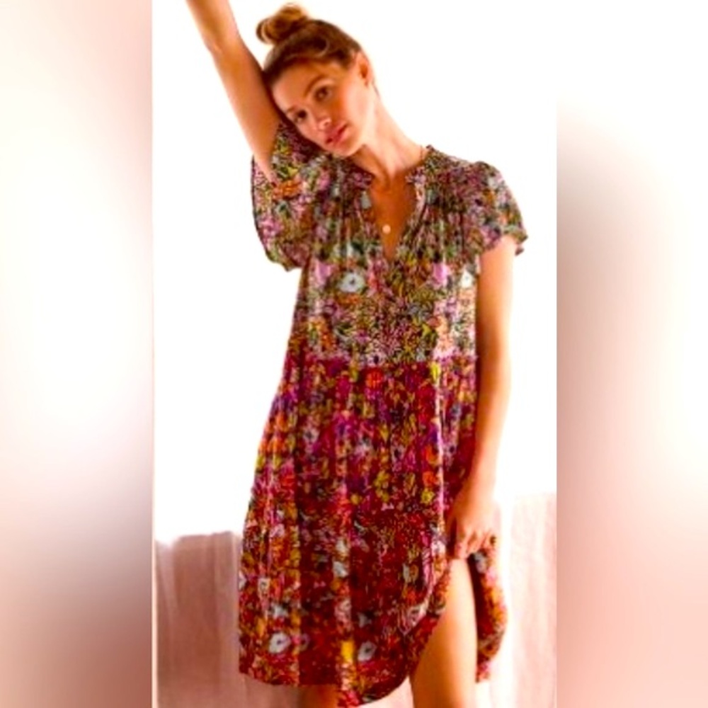Anthropologie Pink Combo Ruffle Sleeve Dress Sz M NWOT